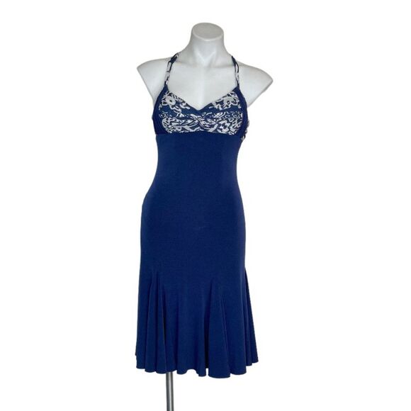 CACHE Blue Dress Sleeveless Stretch Halter Spaghetti Straps Size 6 VINTAGE USA - Picture 1 of 10